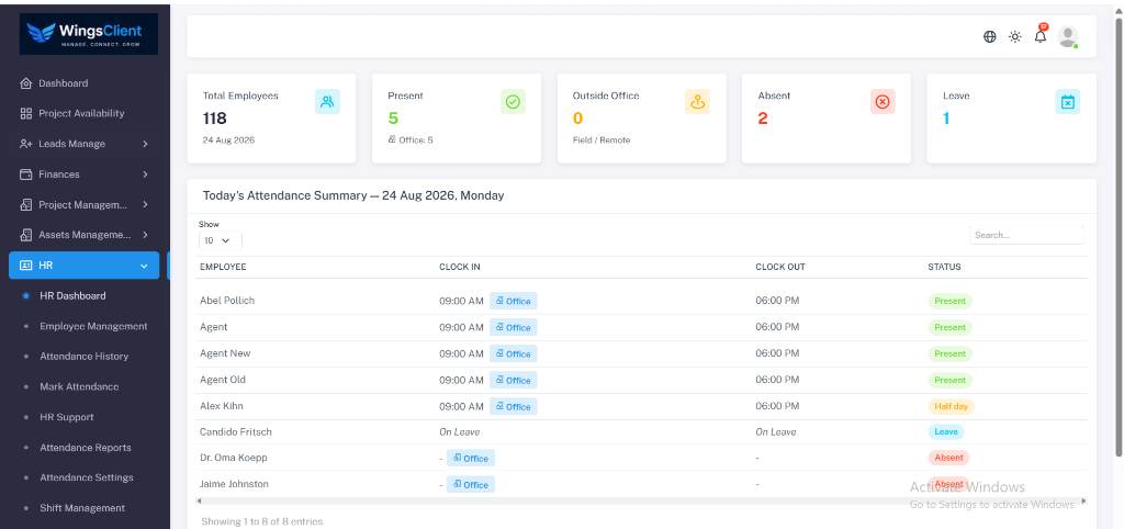 WingsClient HR & Daily Attendance Dashboard Summary