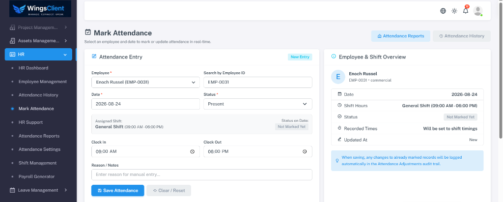 WingsClient Real-time Employee Shift Check-in and Mark Attendance