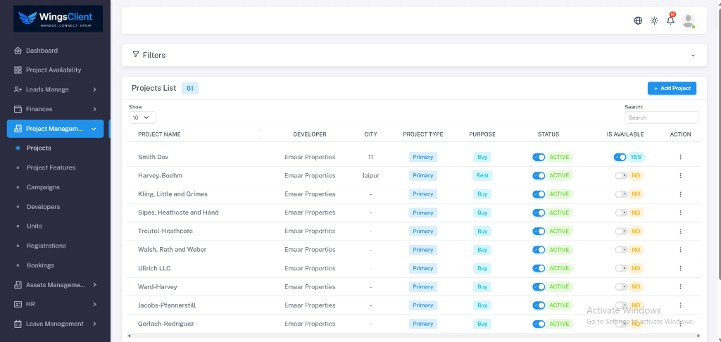 WingsClient Master Projects Management Directory and Availability Tracker