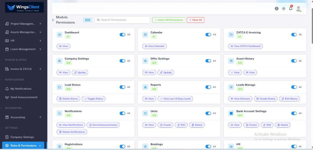 WingsClient 202 Module Permissions Switch Matrix for Real Estate Operations